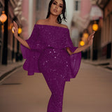 Pailletten Maxi Jurk met Off-Shoulder Halslijn
