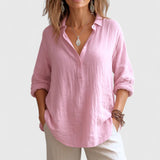 Dames blouse met V-hals en oprolbare mouwen