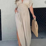Dames Maxi Jurk met Knoopsluiting en Korte Mouwen