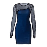 Blauwe Bodycon Jurk met Mesh Mouwen