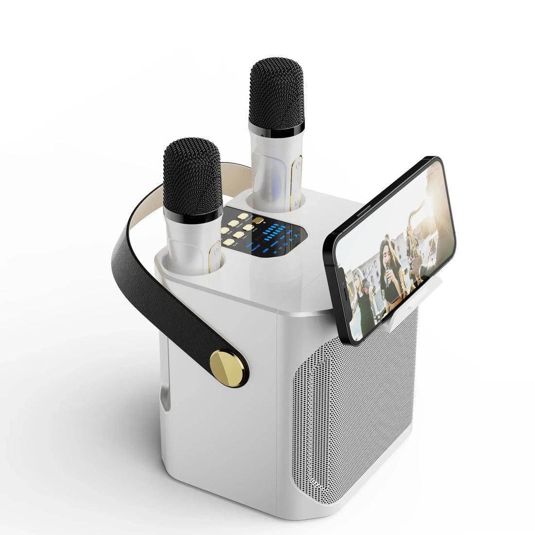 Draagbare karaoke boombox met subwoofer – krachtige bluetooth speaker met microfoon, helder geluid en ideaal voor feestjes thuis of onderweg.