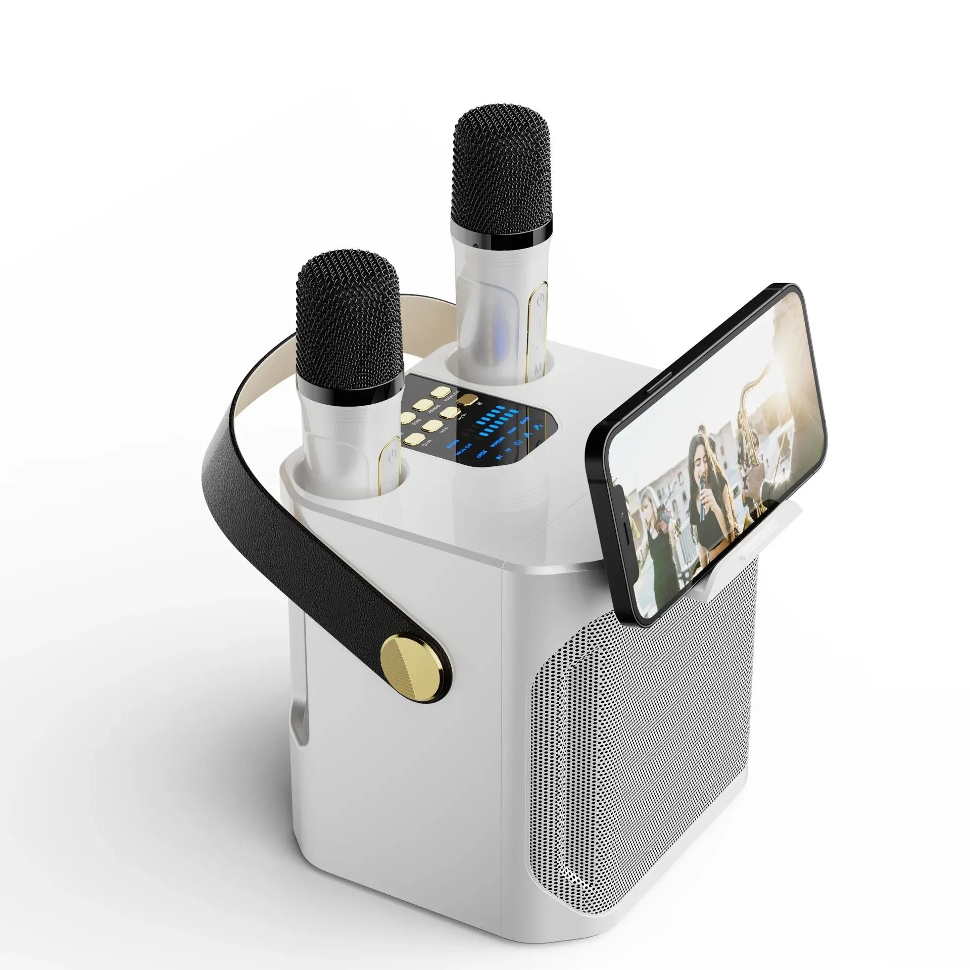 Draagbare karaoke boombox met subwoofer – krachtige bluetooth speaker met microfoon, helder geluid en ideaal voor feestjes thuis of onderweg.