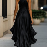 Elegante Halter Maxi Jurk met Volants en Tailleband