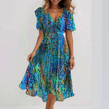 Geplooide Midi Jurk met Print en V Hals