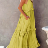 Dames Maxi Jurk met Gelaagde Rok en Ronde Hals