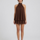 Halter Mini Jurk met Gelaagde Volantzoom