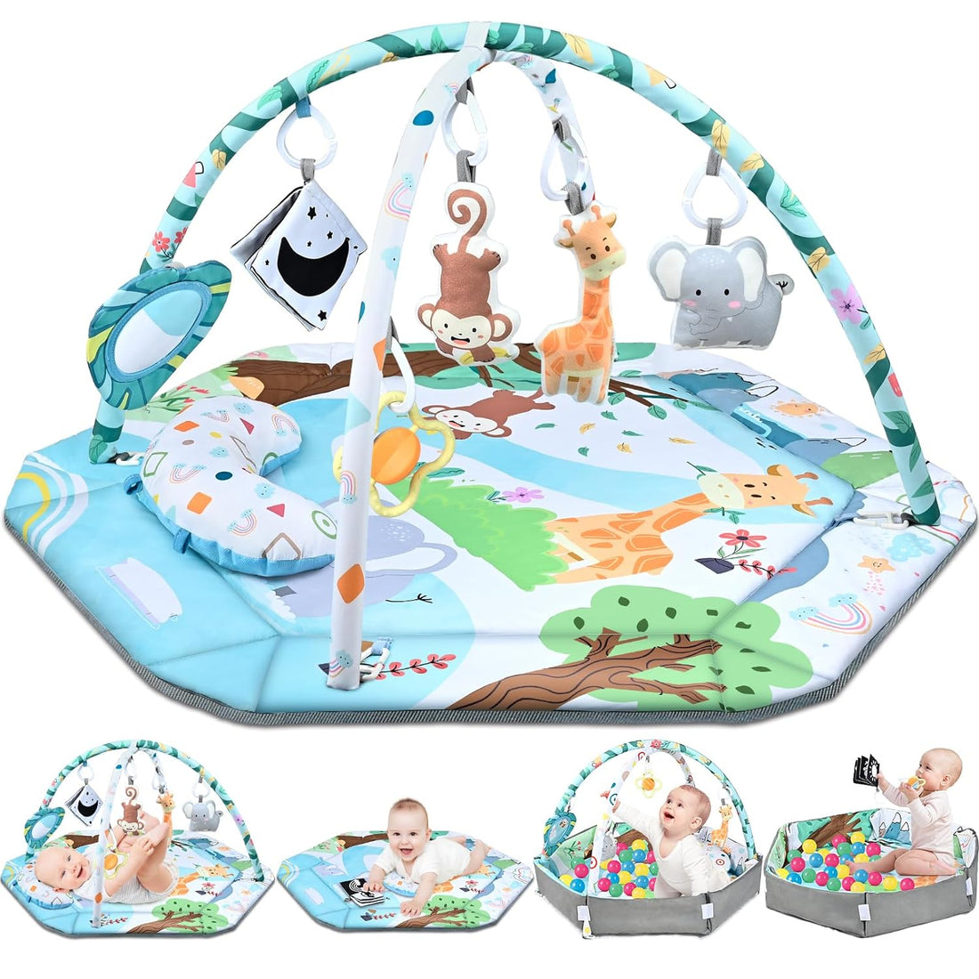 8-in-1 buiktijd speelkleed en ballenbak – kleurrijke baby gym met 6 afneembare speeltjes, wasbare speelmat voor sensorische en motorische ontwikkeling van baby’s en peuters.