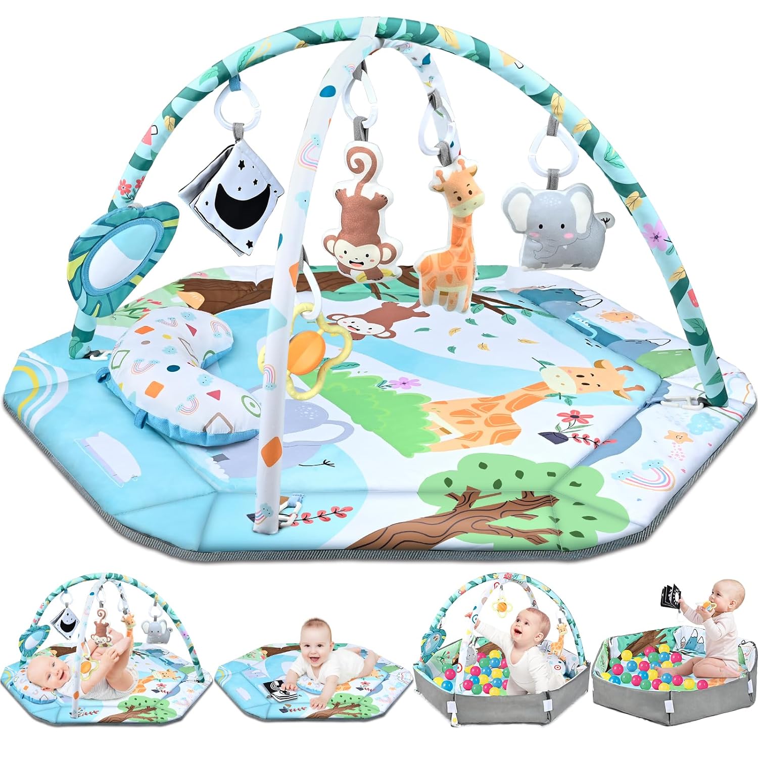 8-in-1 buiktijd speelkleed en ballenbak – kleurrijke baby gym met 6 afneembare speeltjes, wasbare speelmat voor sensorische en motorische ontwikkeling van baby’s en peuters.