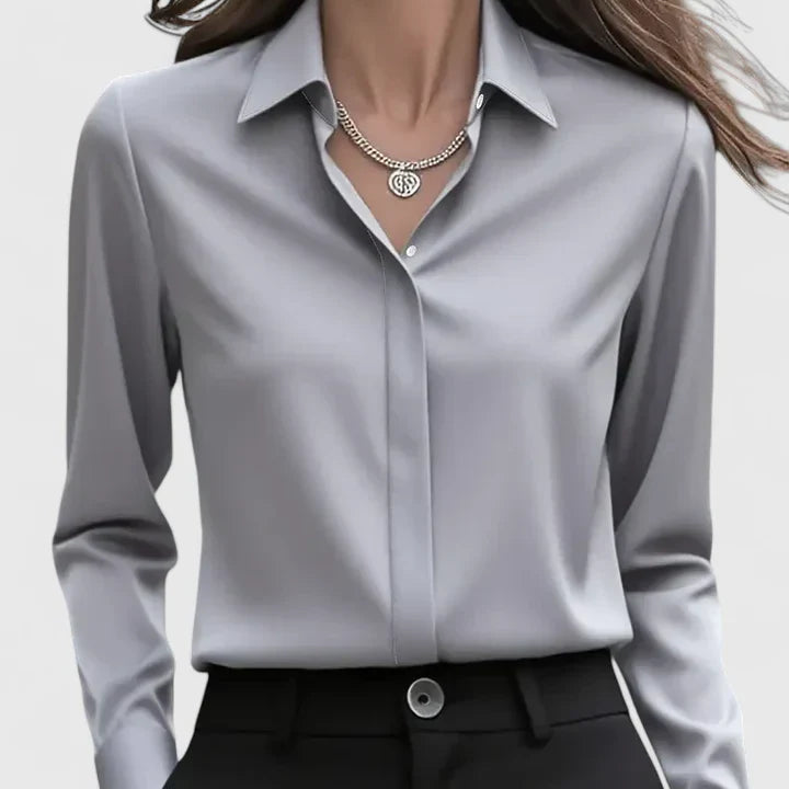 Dames blouse met gedrapeerde hals en lange mouwen