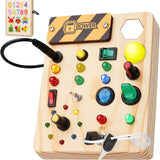 Montessori peuter drukbord van hout – educatief sensorisch speelgoed met 27 LED-lampjes voor kinderen van 1 tot 6 jaar, bevordert fijne motoriek en logisch denken.