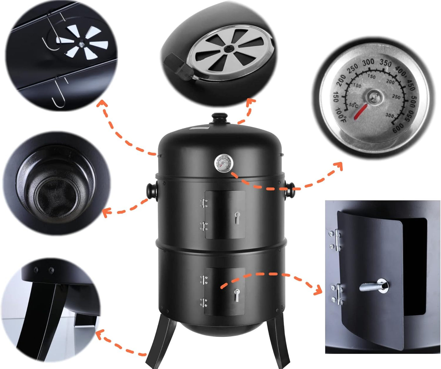 3-in-1 Barbecue & Smoker – Houtskool grill met ingebouwde thermometer voor nauwkeurige temperatuurcontrole. Deze veelzijdige combi smoker en grill biedt 80x44 cm kookoppervlak, ideaal voor zowel grillen als roken van vlees, vis en groenten. Scheidbare ontwerp maakt het gemakkelijk om te gebruiken als twee afzonderlijke apparaten. Perfect voor buitenkoken, tuinfeesten en kamperen. Duurzaam en ontworpen voor langdurig gebruik, ideaal voor de gepassioneerde BBQ-liefhebber.








