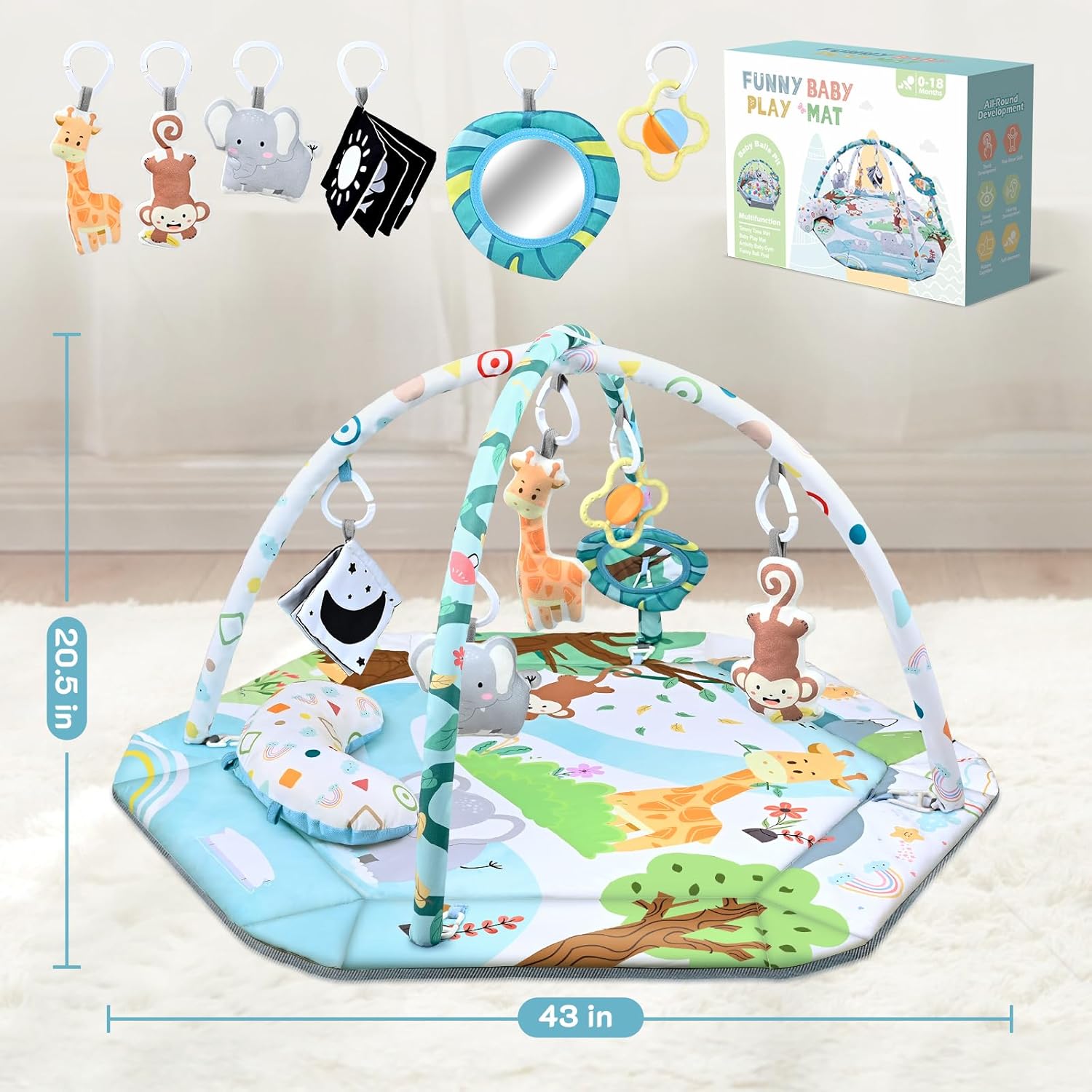 8-in-1 buiktijd speelkleed en ballenbak – kleurrijke baby gym met 6 afneembare speeltjes, wasbare speelmat voor sensorische en motorische ontwikkeling van baby’s en peuters.