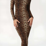 Midi Jurk met Luipaardprint en Lange Mouwen