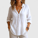 Dames blouse met V-hals en oprolbare mouwen