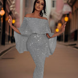 Pailletten Maxi Jurk met Off-Shoulder Halslijn