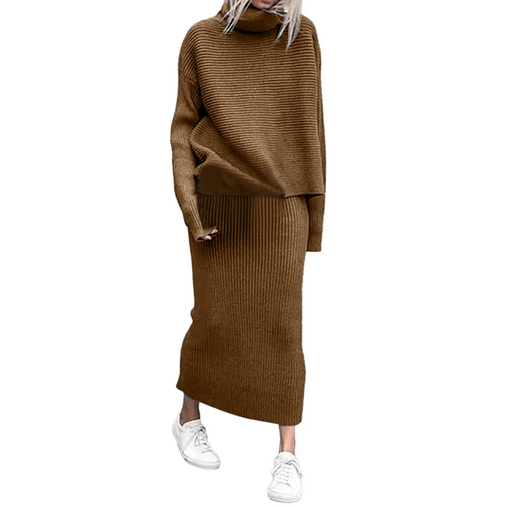 Tweedelige coltrui en maxi-rok set voor dames – elegante en comfortabele outfit voor elke gelegenheid, met een verfijnde en stijlvolle uitstraling.