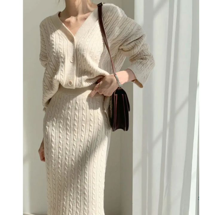 Tweedelige gebreide jurk set voor dames – elegante combinatie van top en rok, perfect voor een stijlvolle en comfortabele outfit.