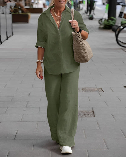 Stijlvolle 2-delige zomerset voor dames – Groene blouse en hoge taille broek. Perfect voor warme dagen, met een comfortabele en luchtige pasvorm voor een elegante en casual uitstraling. Ideaal voor zowel dagelijks gebruik als vakantie.