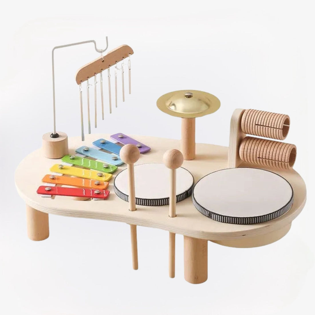 Kinder muziekstation – kleurrijke houten muziekinstrumenten set met xylofoon, trommels en bel, stimuleert ritme, creativiteit en motorische vaardigheden bij kinderen.