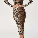 Midi Jurk met Luipaardprint en Lange Mouwen