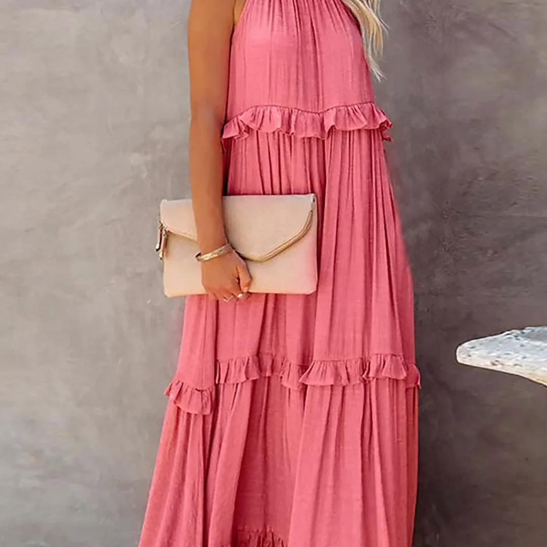 Dames Maxi Jurk met Gelaagde Rok en Ronde Hals