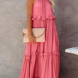 Dames Maxi Jurk met Gelaagde Rok en Ronde Hals