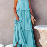 Dames Maxi Jurk met Gelaagde Rok en Ronde Hals