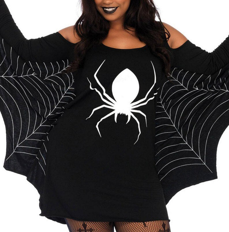 Halloween mini jurk – gothic spin kostuum voor dames, speels en comfortabel ontwerp met spinnendetails, perfect voor Halloween en verkleedfeesten.