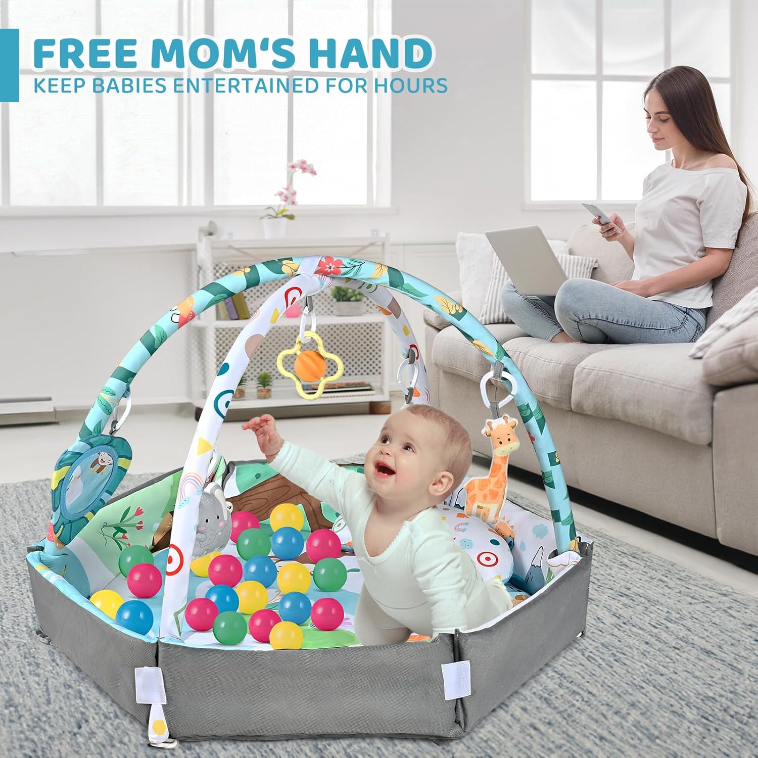 8-in-1 buiktijd speelkleed en ballenbak – kleurrijke baby gym met 6 afneembare speeltjes, wasbare speelmat voor sensorische en motorische ontwikkeling van baby’s en peuters.