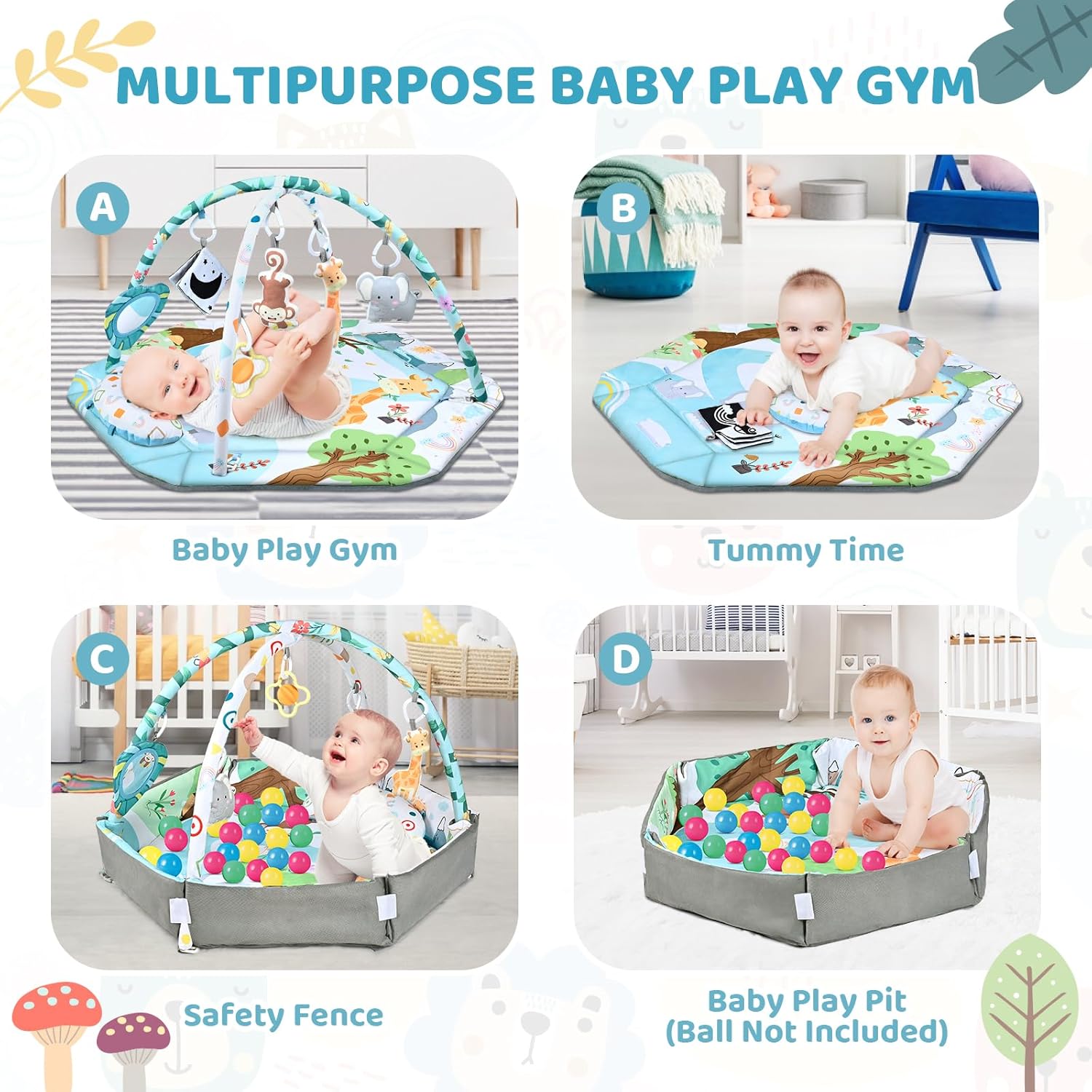 8-in-1 buiktijd speelkleed en ballenbak – kleurrijke baby gym met 6 afneembare speeltjes, wasbare speelmat voor sensorische en motorische ontwikkeling van baby’s en peuters.
