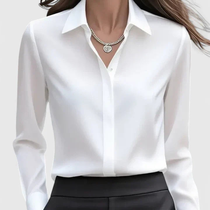 Dames blouse met gedrapeerde hals en lange mouwen