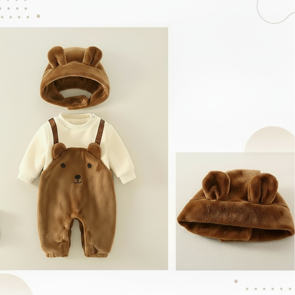 LittleSnow pluche babyset – romper, muts en shirt in zachte, warme stof voor comfort en schattige winterlooks.
