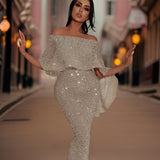 Pailletten Maxi Jurk met Off-Shoulder Halslijn