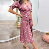 Dames Midi Jurk met Stippenprint en V-Hals