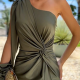 Elegante One Shoulder Maxi Jurk met Gedrapeerde Taille en Split