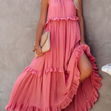 Dames Maxi Jurk met Gelaagde Rok en Ronde Hals