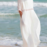 Maxi Jurk met Ronde Hals en Geplooide Rok