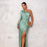 Elegante One Shoulder Maxi Jurk met Drapering en Split