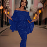 Pailletten Maxi Jurk met Off-Shoulder Halslijn