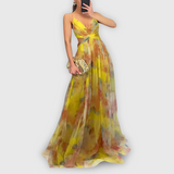Dames Maxi Jurk met Abstracte Print en Strapless Halslijn
