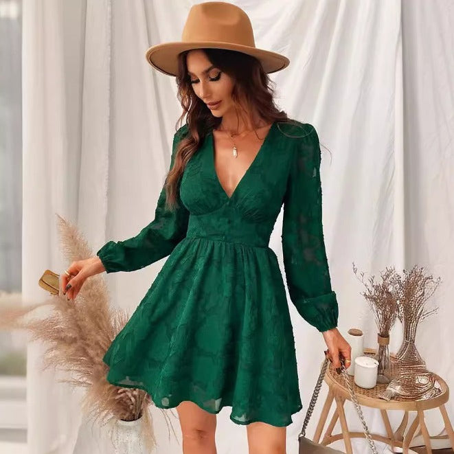 Elegante Kant Mini Jurk met Lange Mouwen en V-Hals