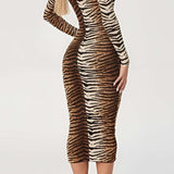 Midi Jurk met Luipaardprint en Lange Mouwen
