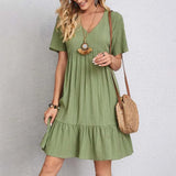 Casual V Hals Jurk met Korte Mouwen en Losse Fit