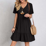 Casual V Hals Jurk met Korte Mouwen en Losse Fit