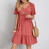Casual V Hals Jurk met Korte Mouwen en Losse Fit