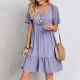 Casual V Hals Jurk met Korte Mouwen en Losse Fit