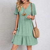 Casual V Hals Jurk met Korte Mouwen en Losse Fit