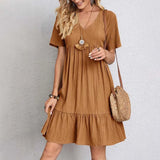 Casual V Hals Jurk met Korte Mouwen en Losse Fit