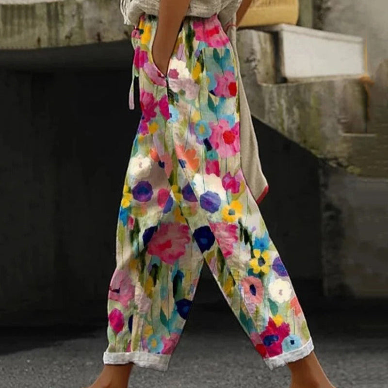 Dames Broek met Bloemenprint en Elastische Taille