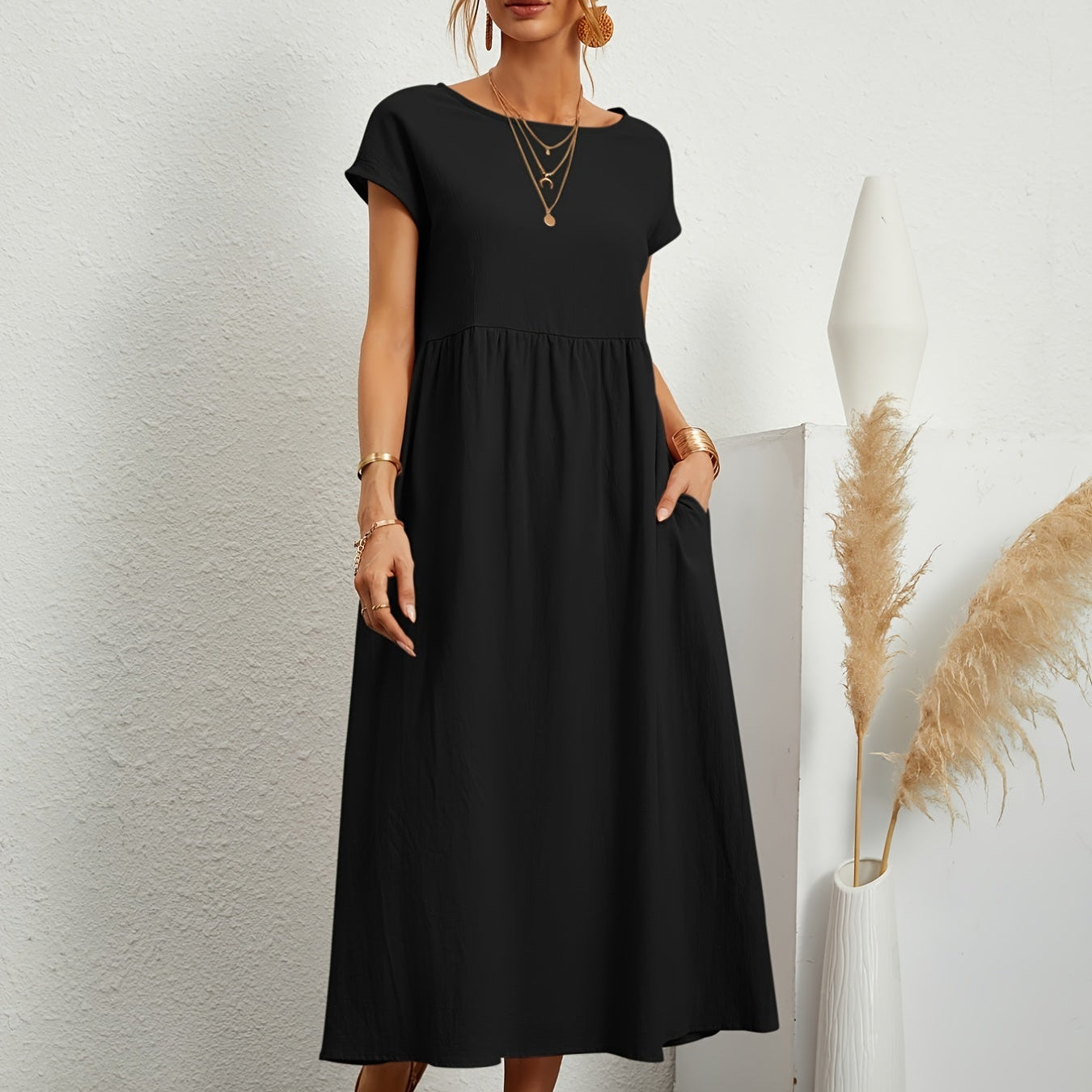 Dames Midi Jurk met Ronde Hals en Korte Mouwen